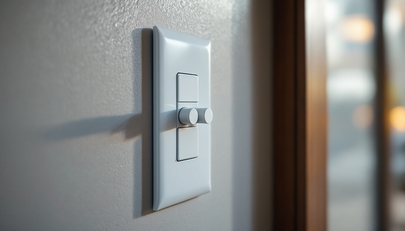 A photograph of a close-up of various types of electrical switches and outlets in a modern home setting