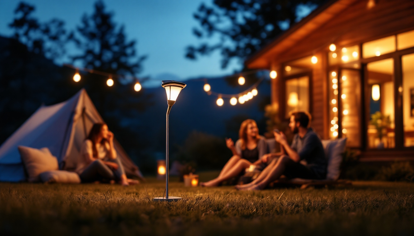 A photograph of a solar camping lamp illuminating a cozy outdoor setting