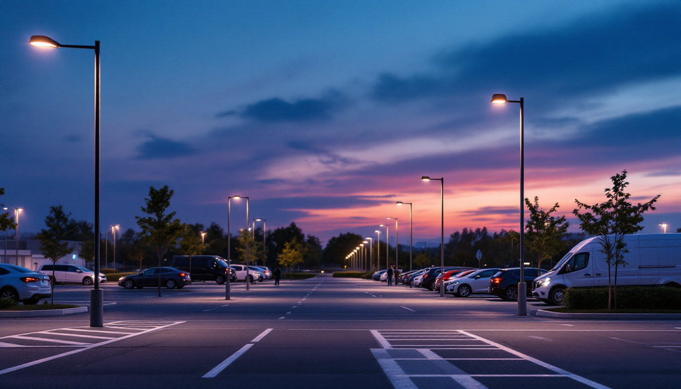 A photograph of a well-lit parking lot showcasing modern poles and lighting fixtures