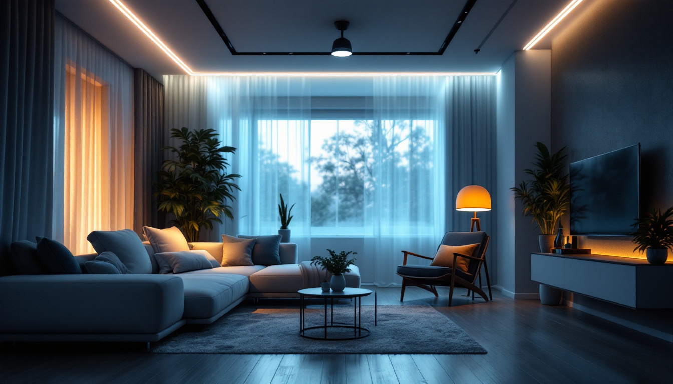 A photograph of capture a photograph of a stylishly lit room showcasing 8-foot led strip lights illuminating both residential and commercial spaces
