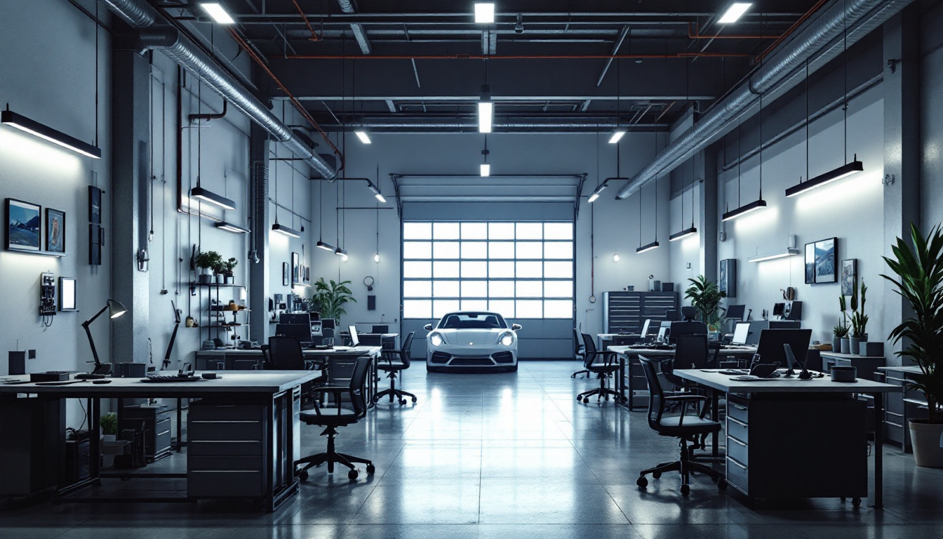 A photograph of a modern automotive shop interior showcasing well-illuminated workspaces with sleek wall lights