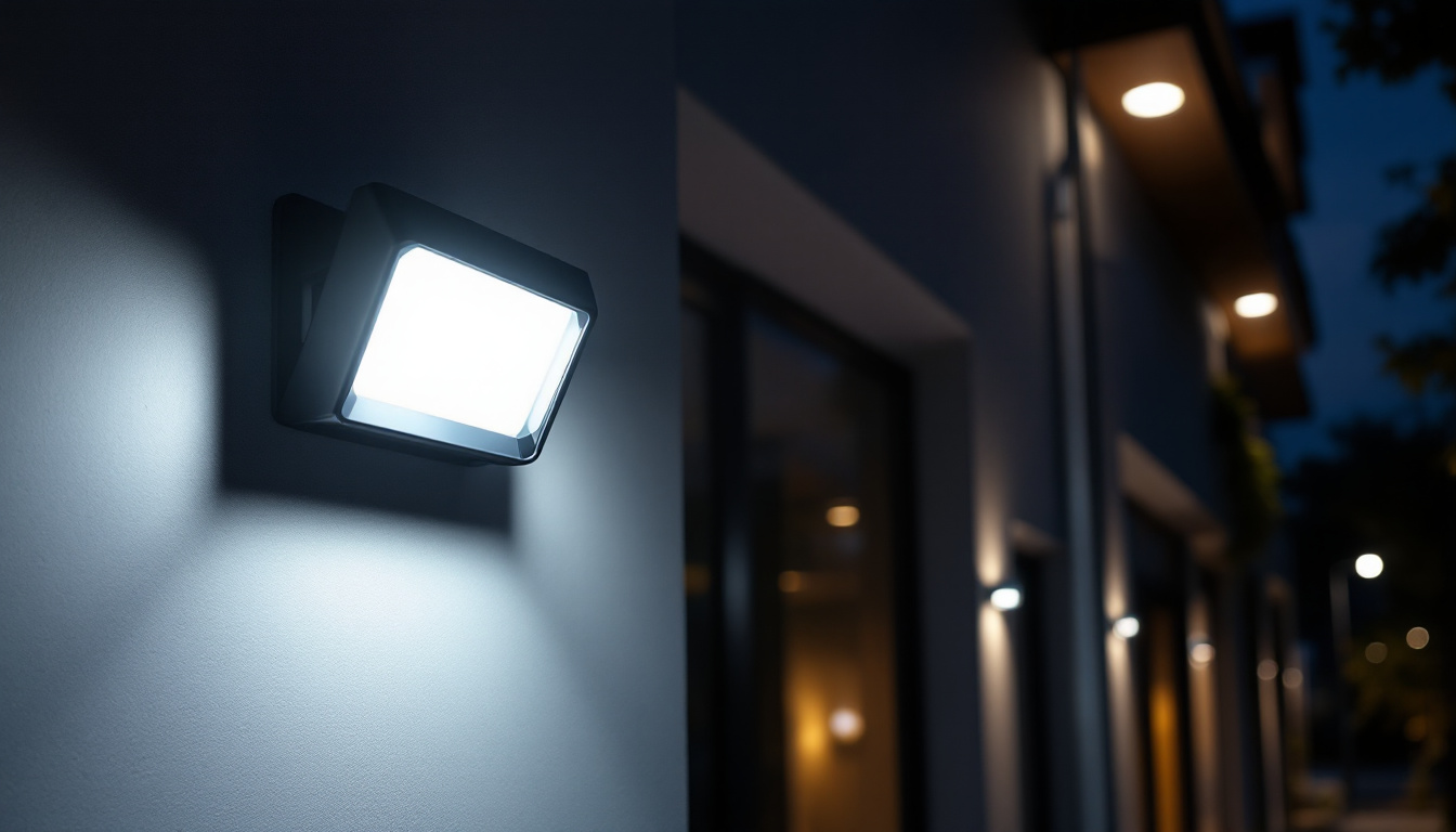 A photograph of a well-lit outdoor setting showcasing a modern led wall pack light illuminating a building facade