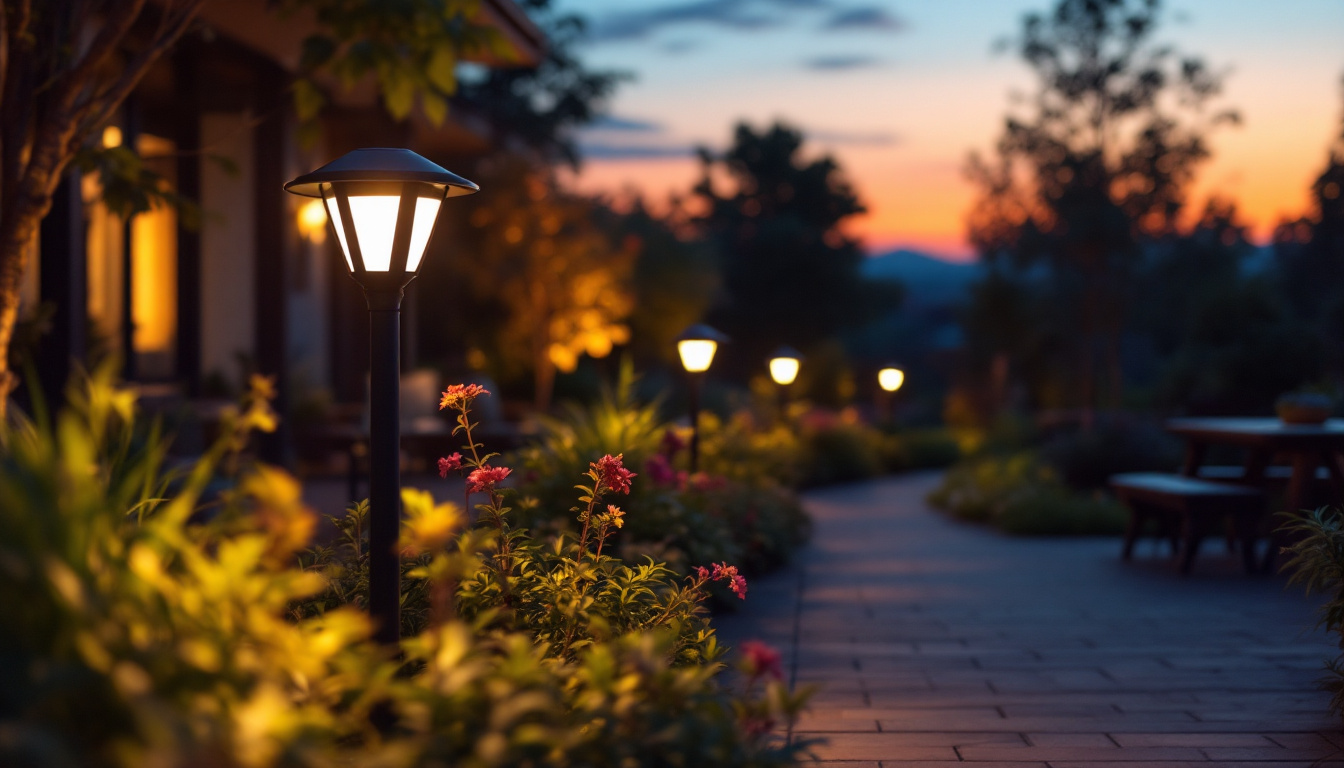 A photograph of a vibrant outdoor scene illuminated by commercial solar lights at dusk