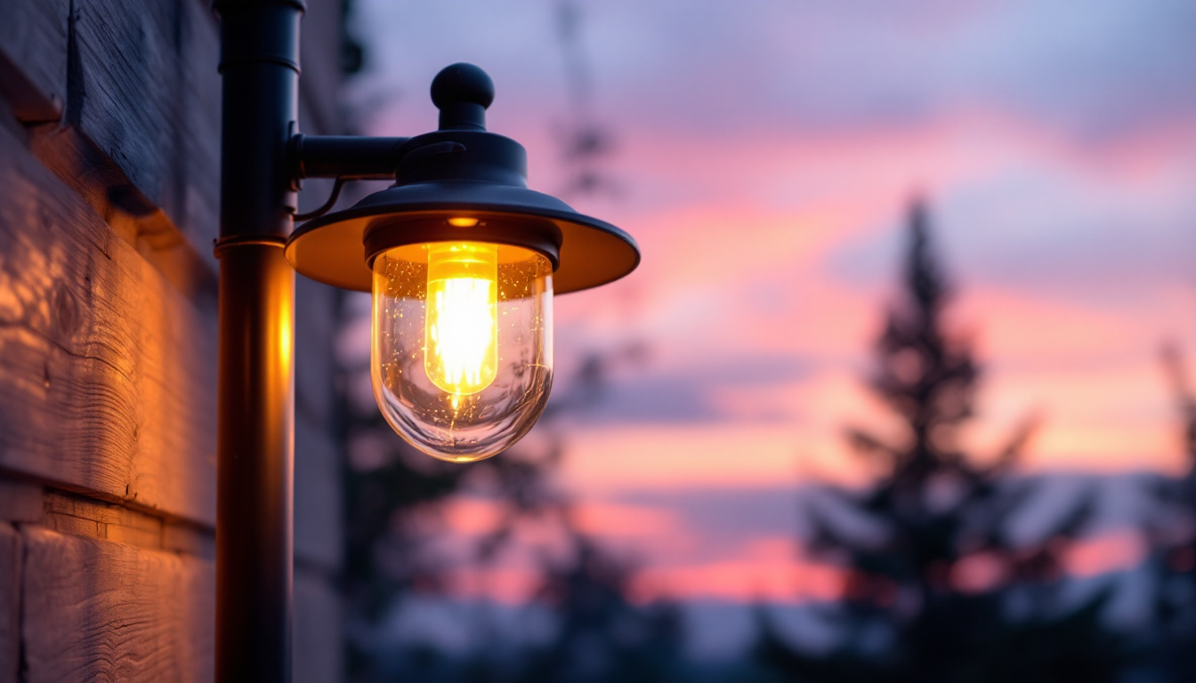 A photograph of a dusk to dawn light fixture illuminated in a serene outdoor setting
