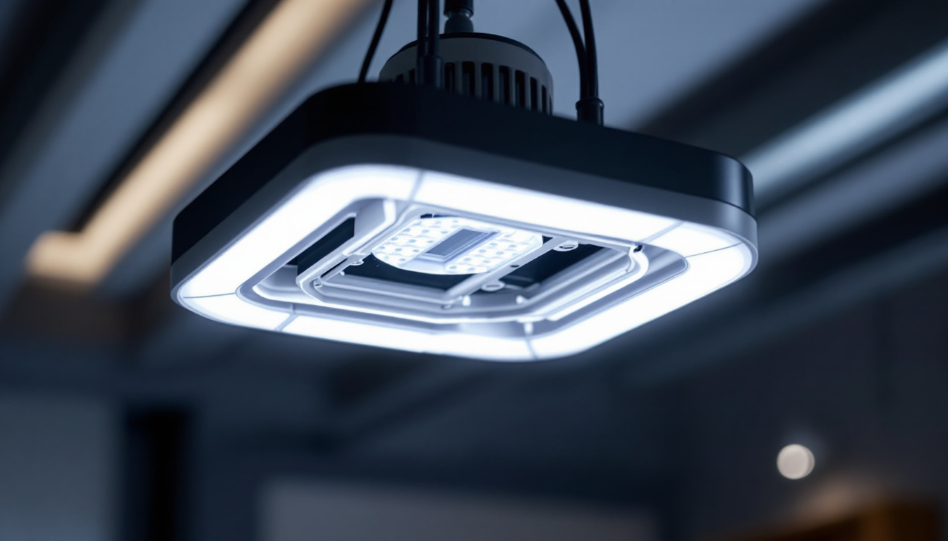 A photograph of a modern lighting fixture with an exposed ballast