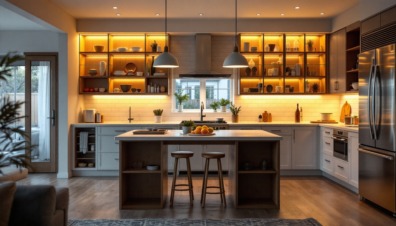 A photograph of a beautifully lit kitchen featuring various styles of under cabinet lighting