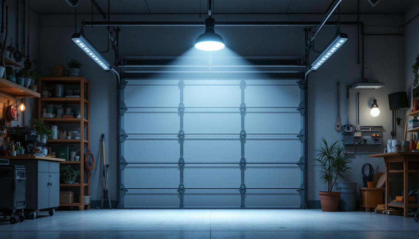 A photograph of a well-lit workshop or garage featuring an 8-foot led shop light installed