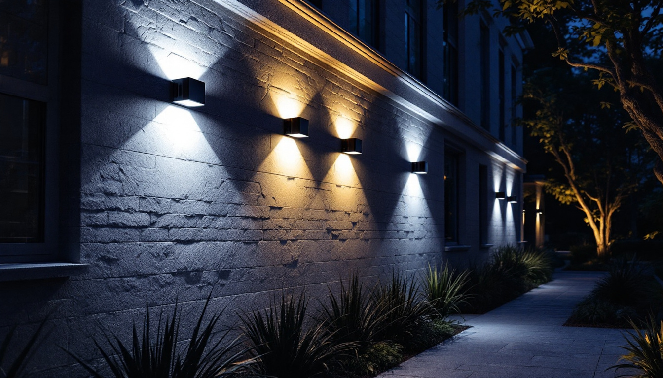 A photograph of a well-lit outdoor area featuring led wall pack light fixtures illuminating a commercial or residential space