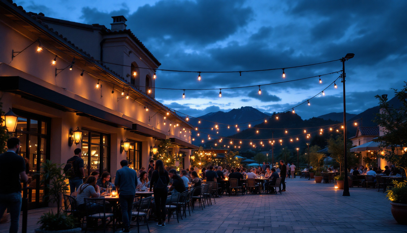 A photograph of a beautifully illuminated outdoor commercial space at dusk