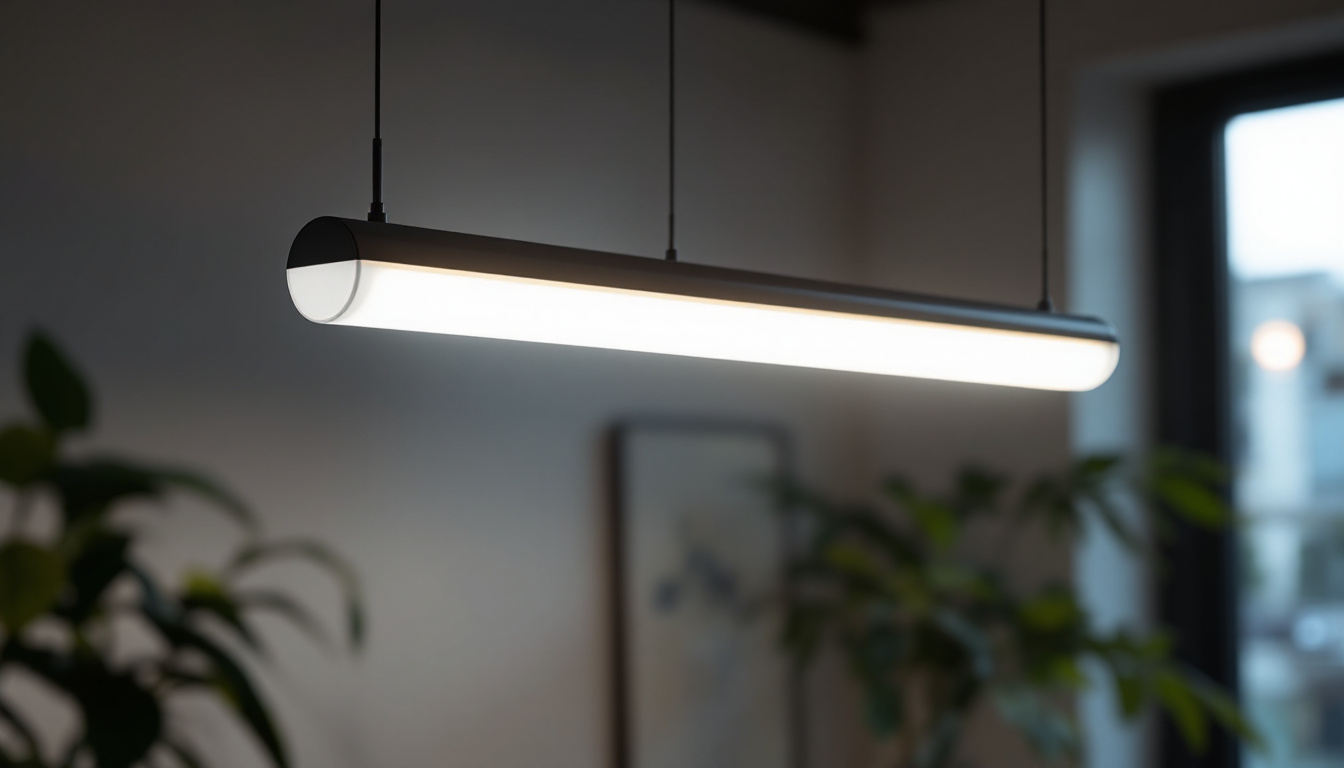 A photograph of a well-lit room featuring a 4-bulb fluorescent light fixture in use