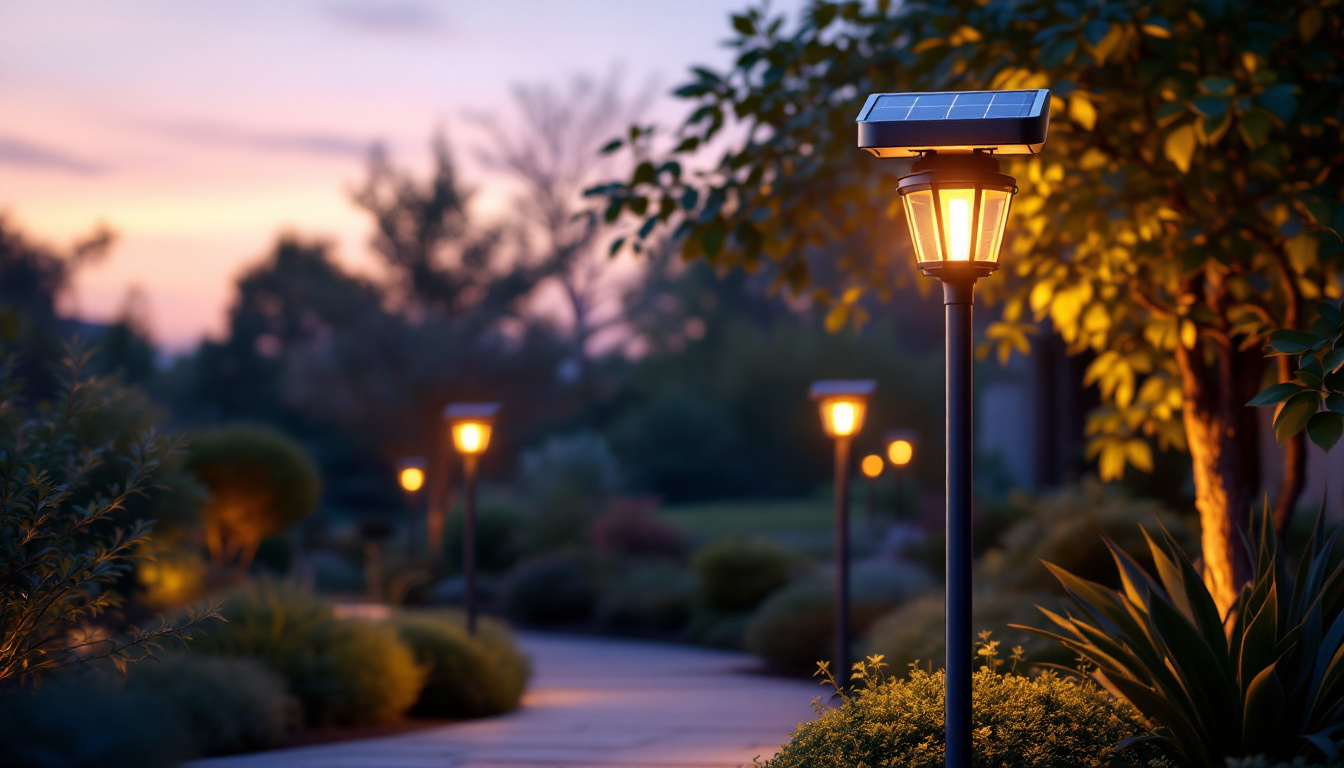 A photograph of a beautifully lit outdoor space featuring solar-powered pole lights illuminating a pathway or garden area