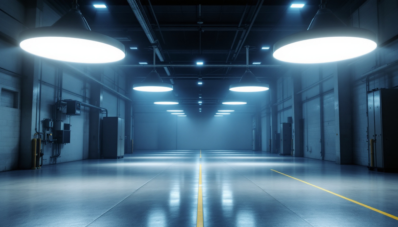 A photograph of a well-lit industrial space featuring hi bay lights in action