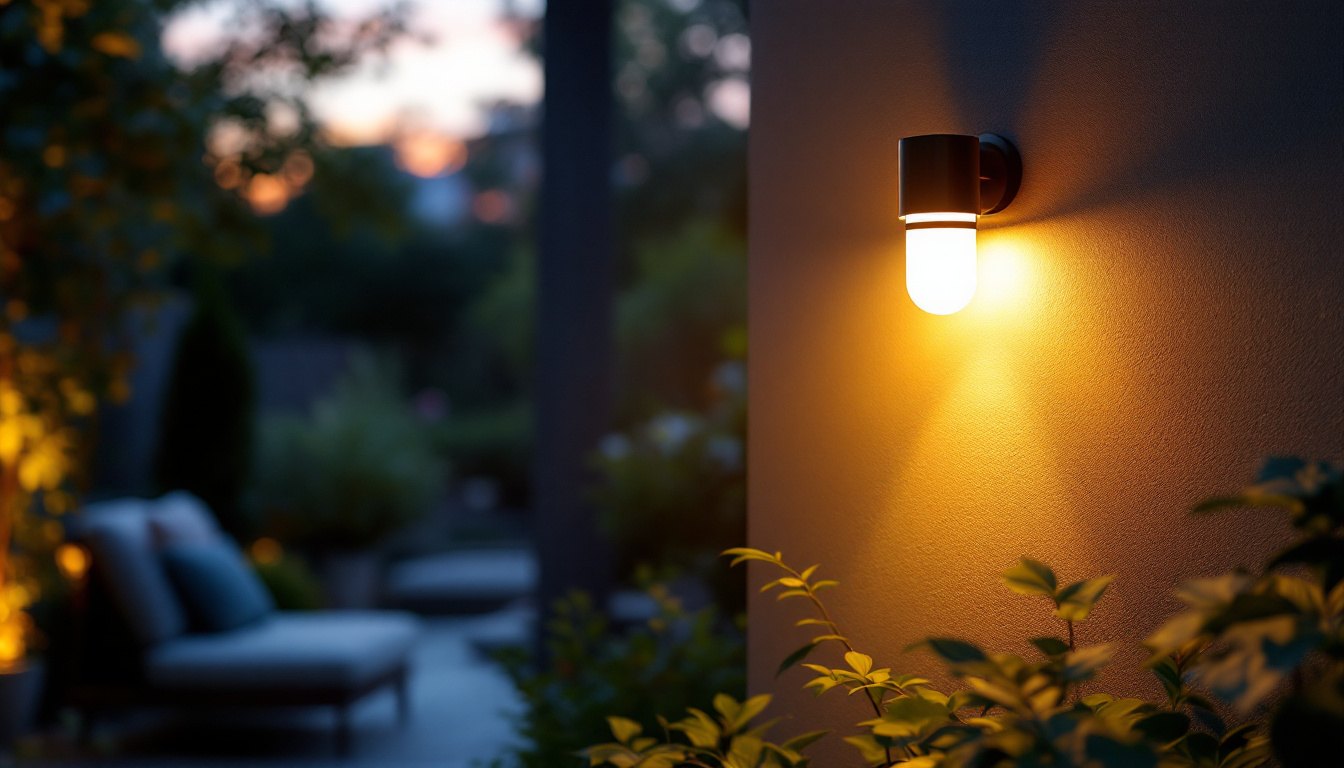 A photograph of a stylish outdoor wall-mounted light fixture illuminating a beautifully landscaped patio or garden area at dusk