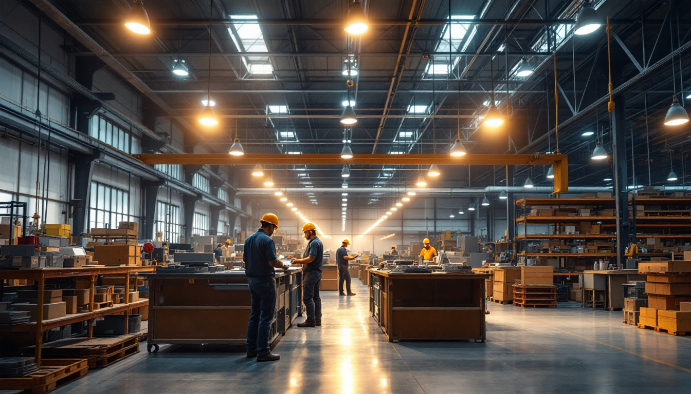A photograph of a modern industrial workspace showcasing high bay shop lights illuminating the area