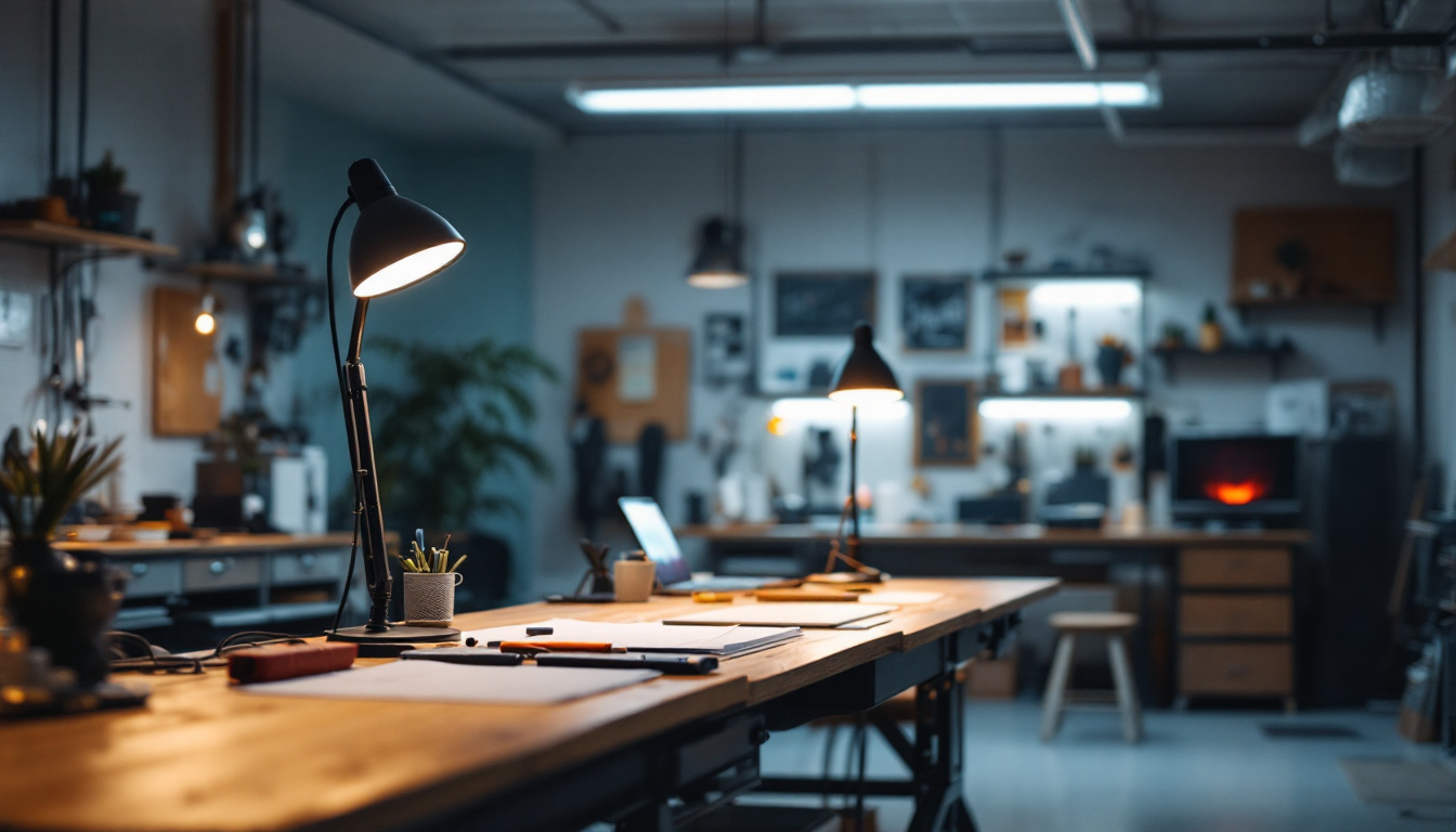 A photograph of capture a photograph of a well-lit workspace or garage featuring several 10ft power cord linkable shop lights in action