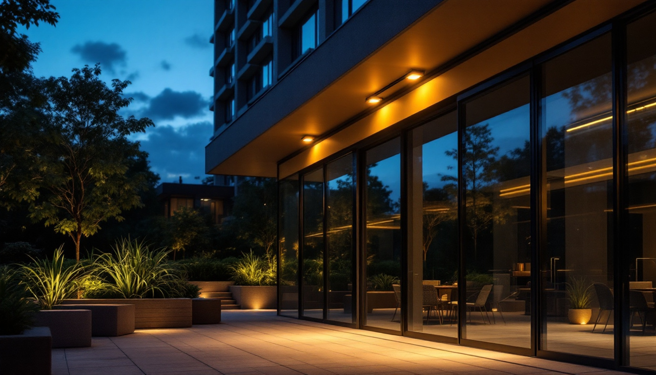A photograph of a modern outdoor space illuminated by stylish commercial light fixtures