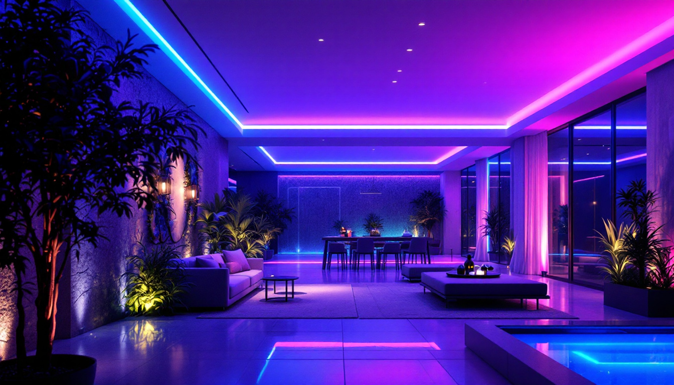 A photograph of a modern indoor or outdoor space illuminated by vibrant big led lights