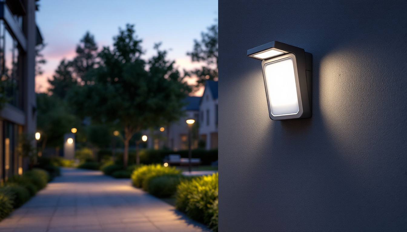 A photograph of a well-lit outdoor area showcasing a stylish led wall pack with a photocell in action at dusk