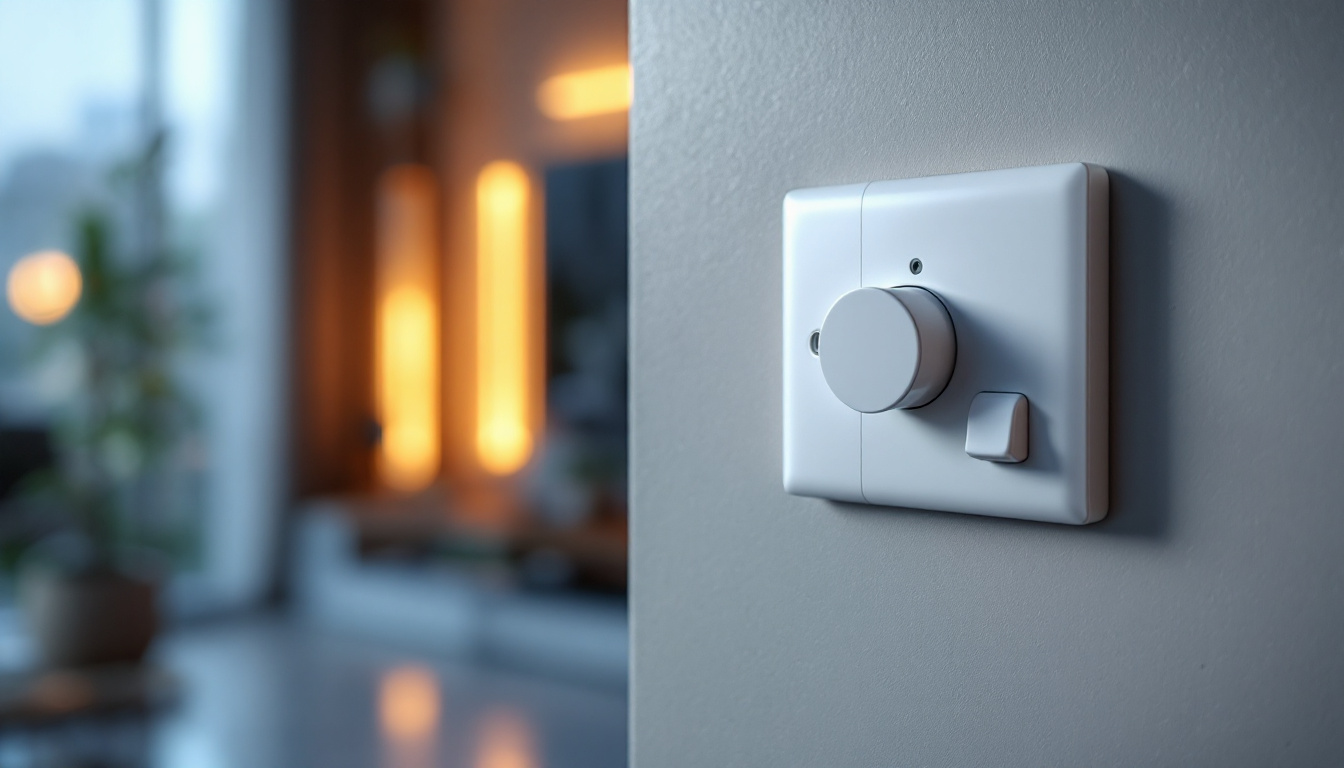 A photograph of capture a photograph of a modern ac plug switch in a stylishly lit residential or commercial setting