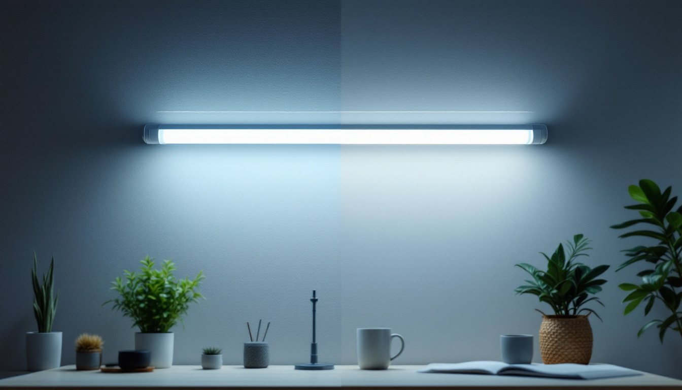A photograph of a side-by-side comparison of an led replacement fluorescent tube and a traditional fluorescent tube in a well-lit workspace