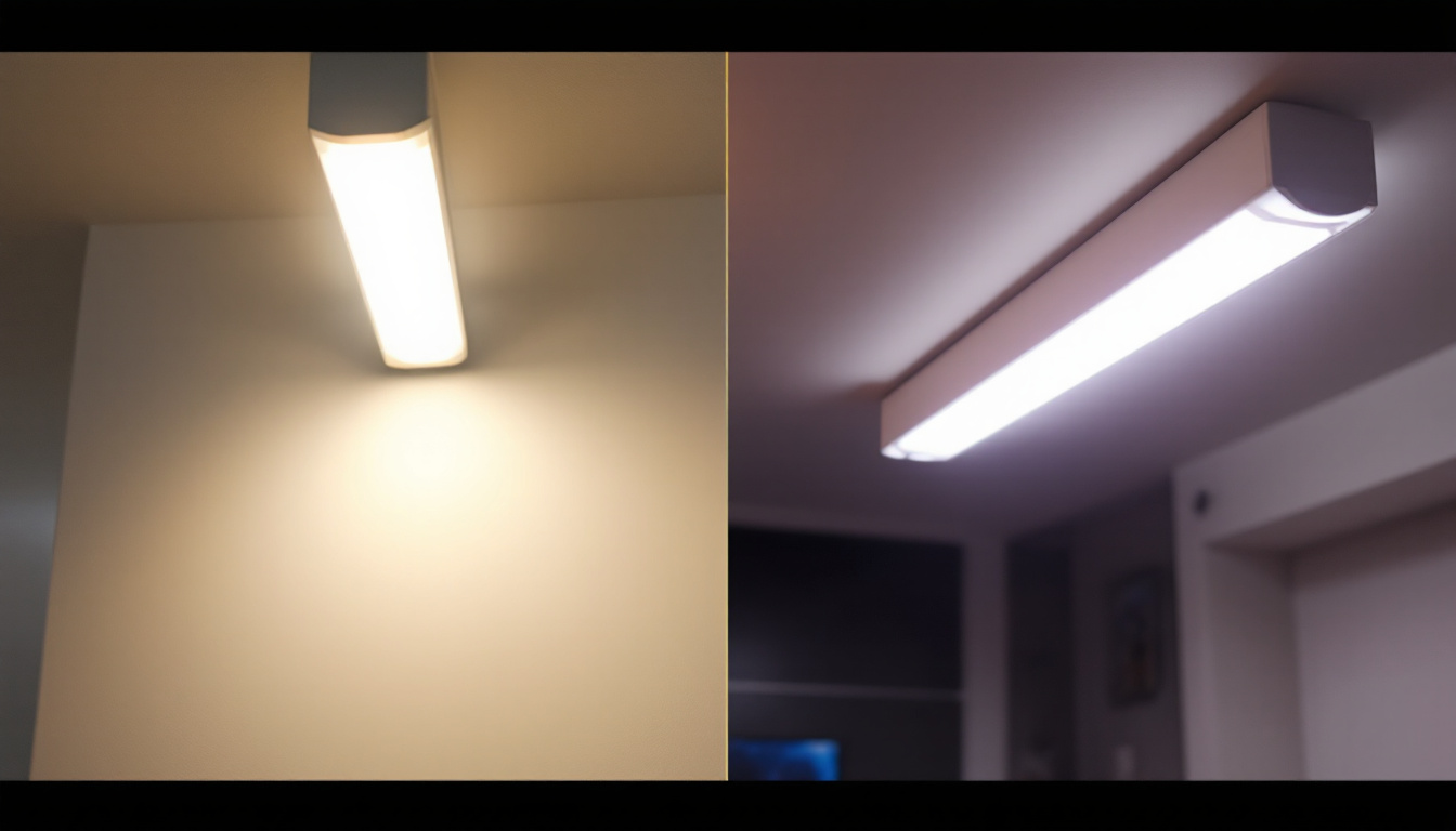 A photograph of a side-by-side comparison of a fluorescent light fixture and an led replacement