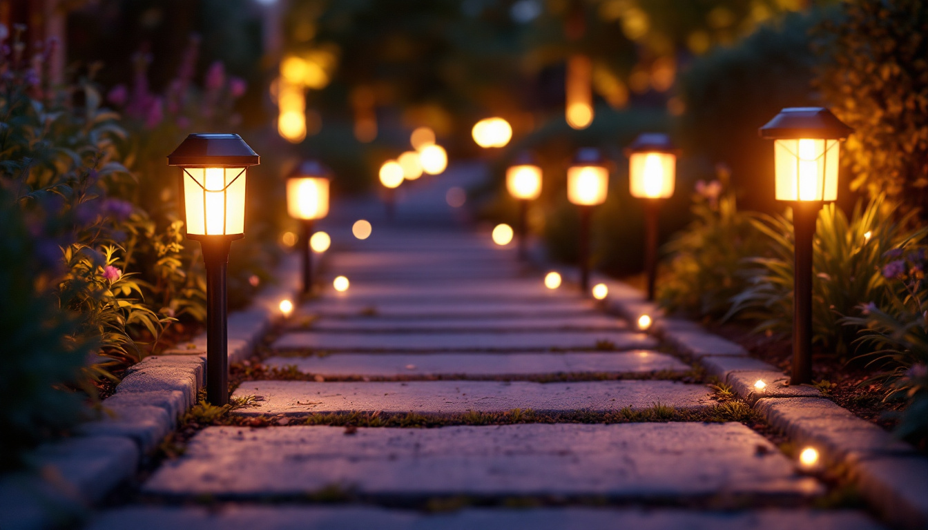 A photograph of a beautifully illuminated garden or pathway at dusk