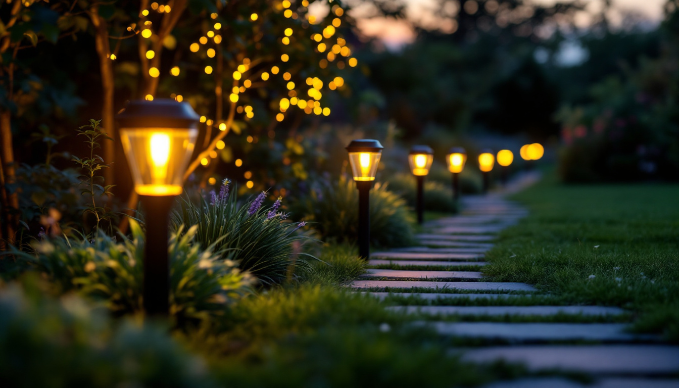 A photograph of a beautifully illuminated garden pathway at dusk