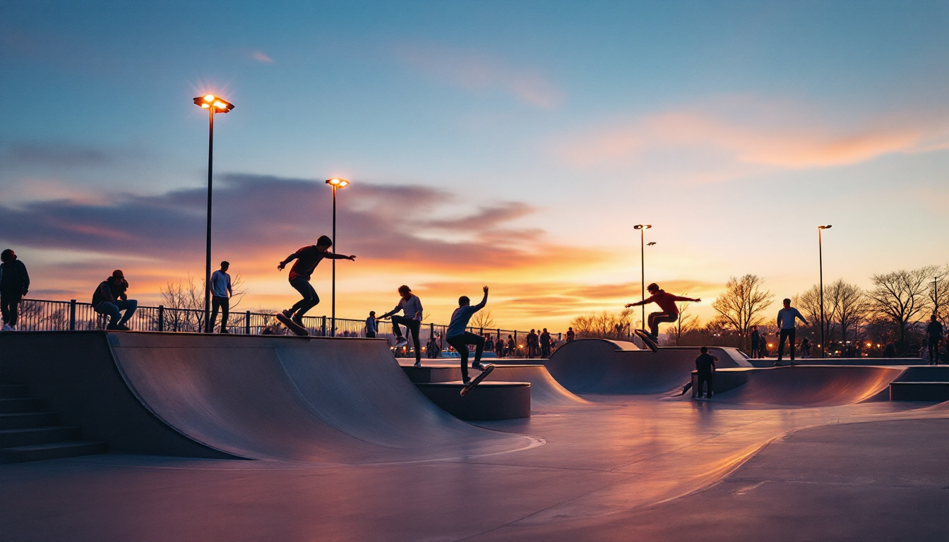 A photograph of a vibrant skate park scene at dusk