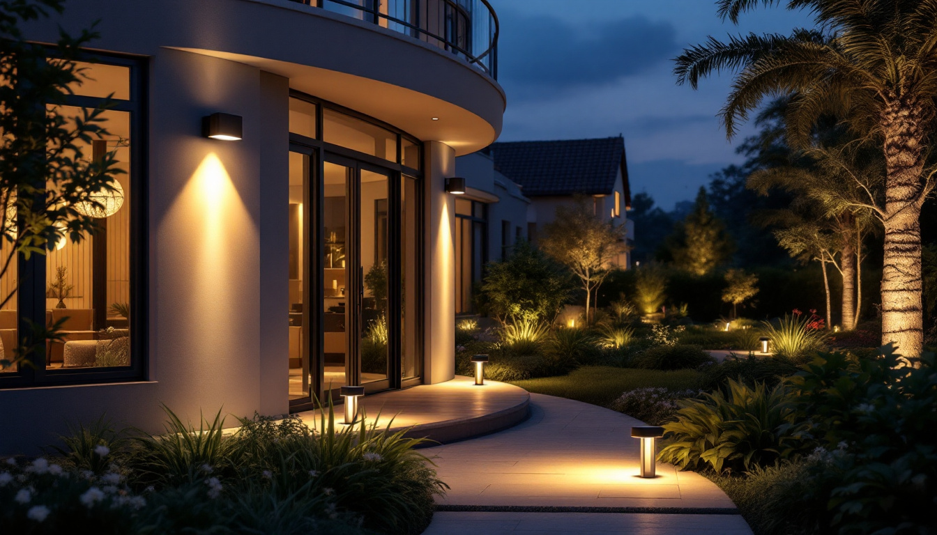 A photograph of a beautifully illuminated outdoor space featuring stylish solar lighting fixtures that enhance the ambiance