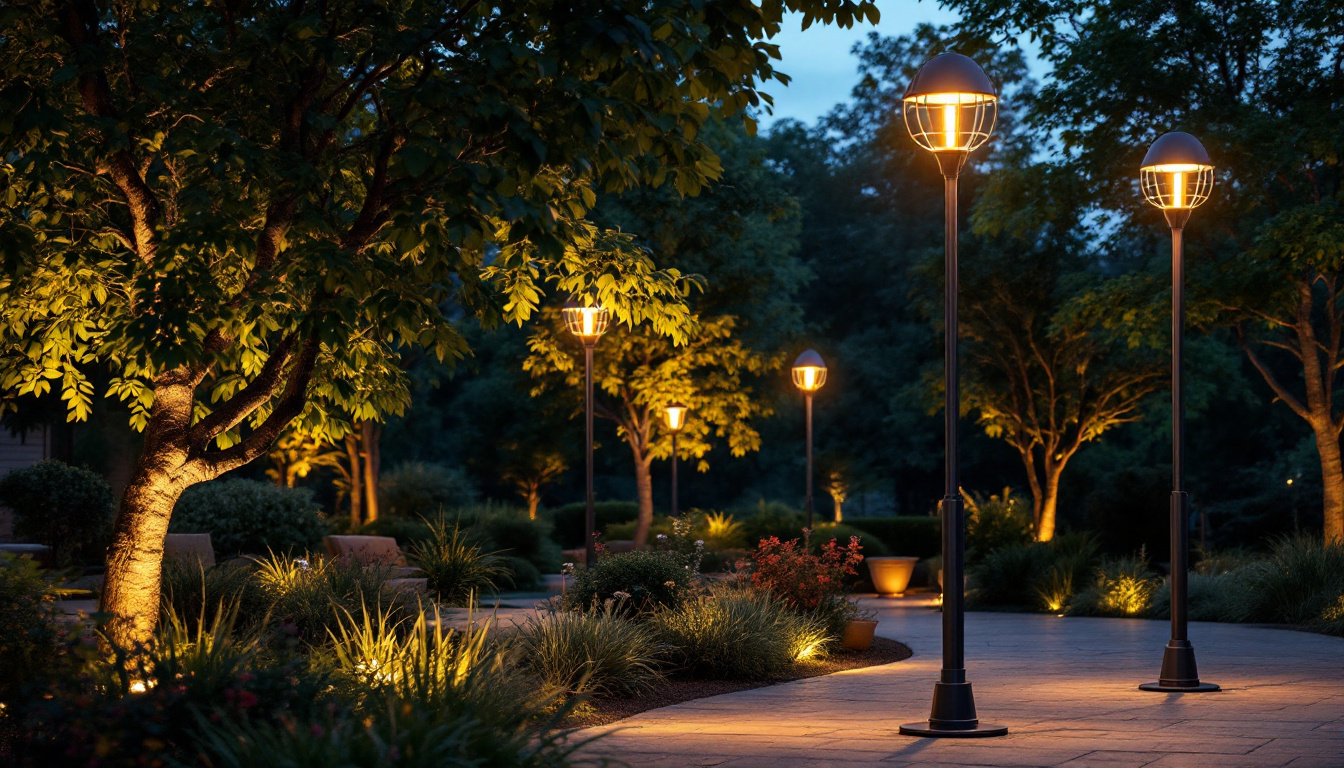 A photograph of a beautifully illuminated outdoor space featuring led pole lights in action