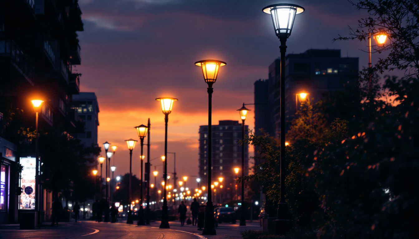 A photograph of a well-lit urban street scene showcasing various light poles in use