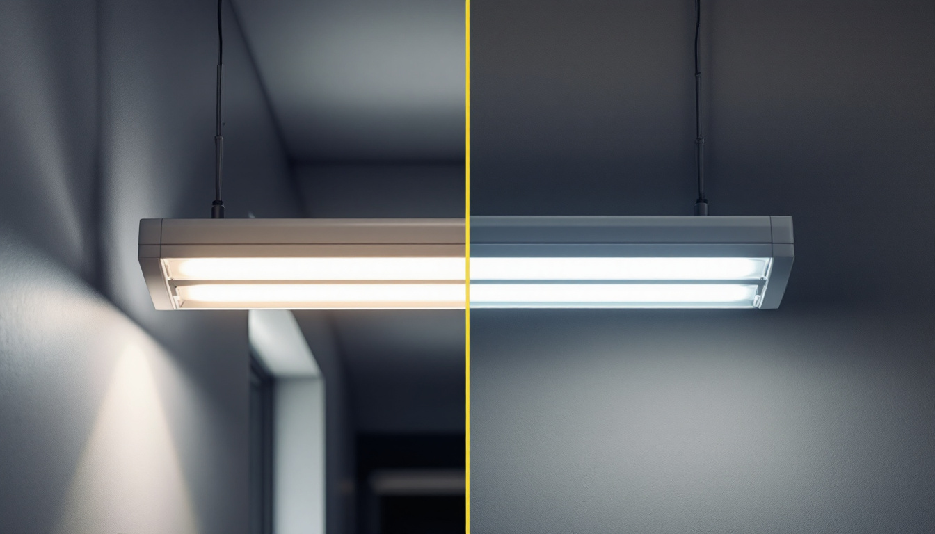 A photograph of a side-by-side comparison of a fluorescent light fixture and an led conversion kit