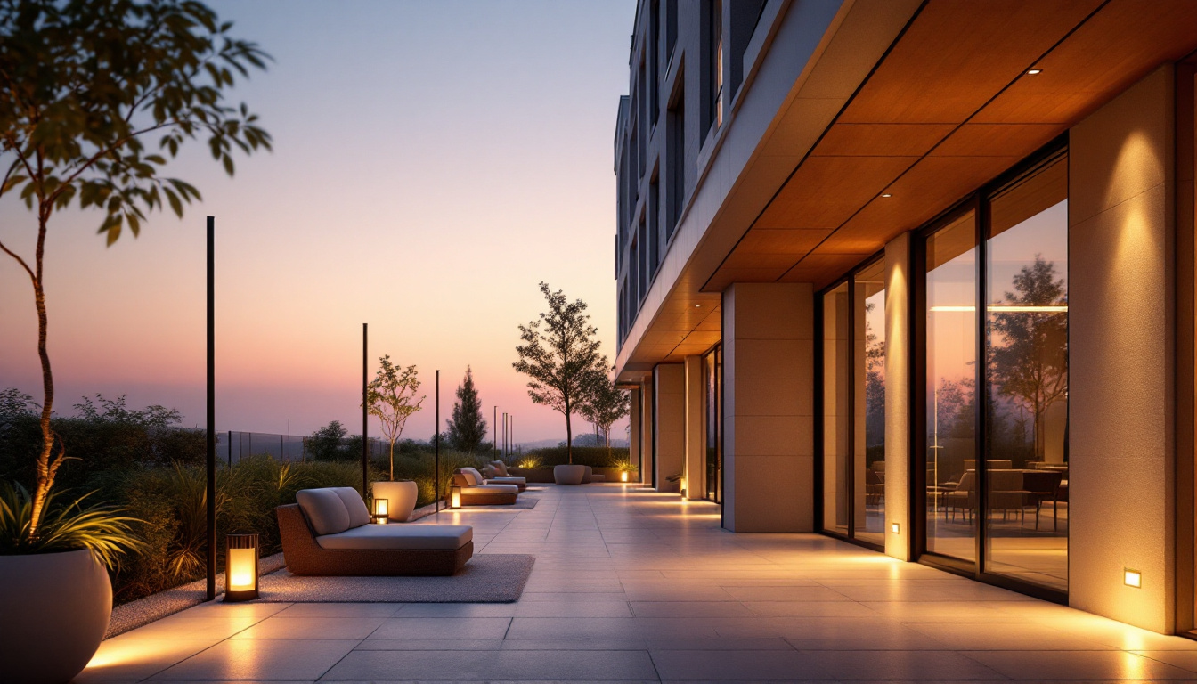 A photograph of a beautifully illuminated outdoor space transitioning from dawn to dusk