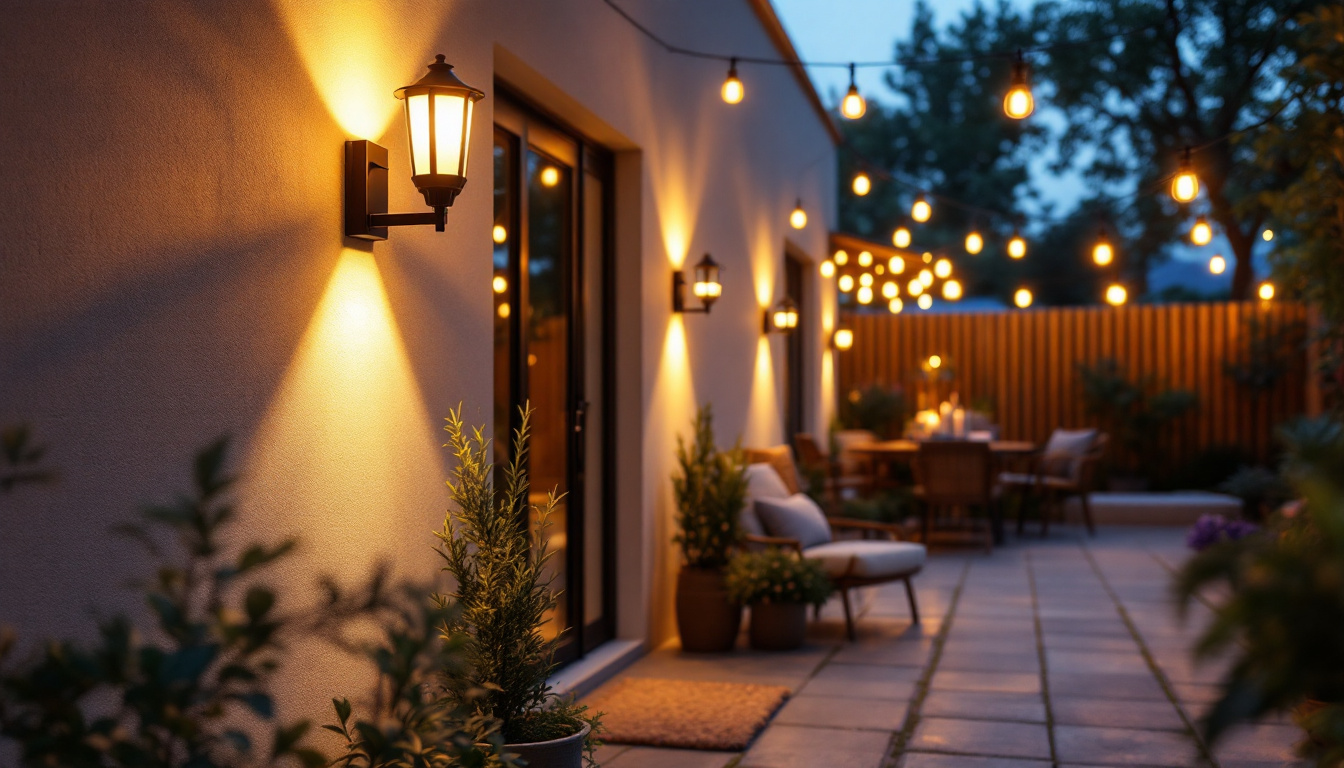 A photograph of capture a photograph of a beautifully illuminated outdoor space featuring various styles of wall-mounted led lights
