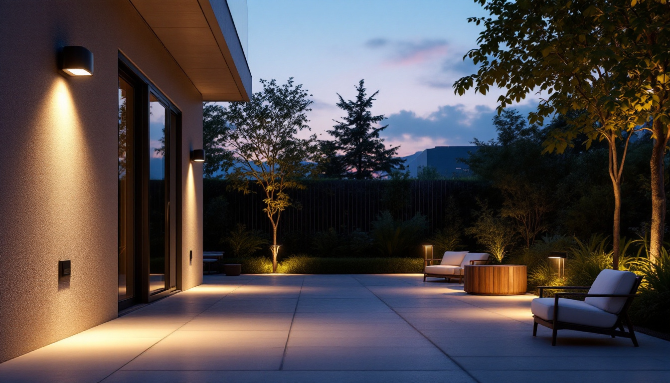 A photograph of a well-lit outdoor space showcasing various wallpack lighting fixtures in use