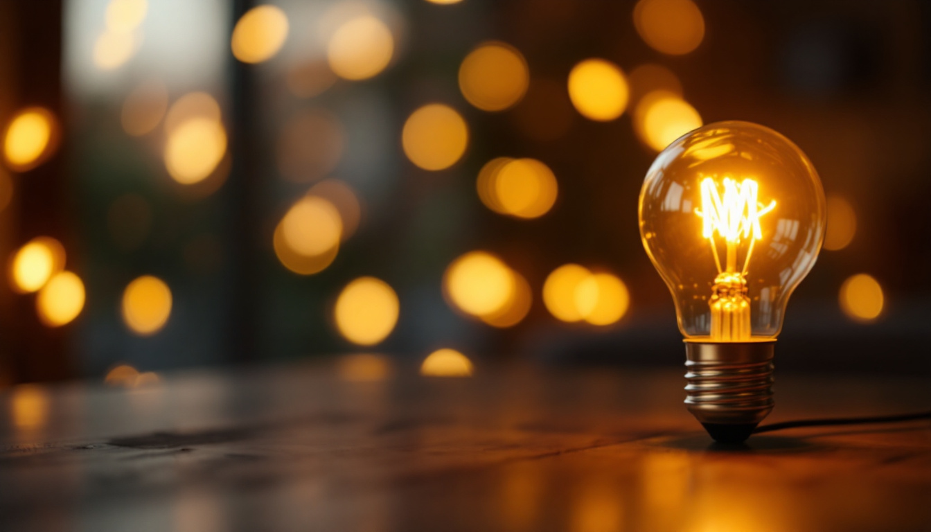 A photograph of a close-up shot of a type b light bulb illuminated in a cozy
