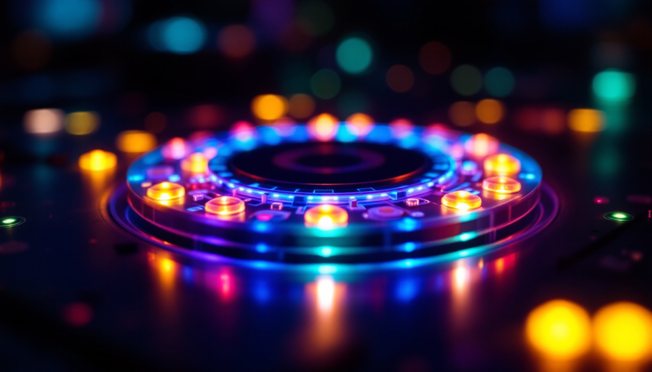 A photograph of a close-up shot of a glowing led wafer light in a dimly lit environment