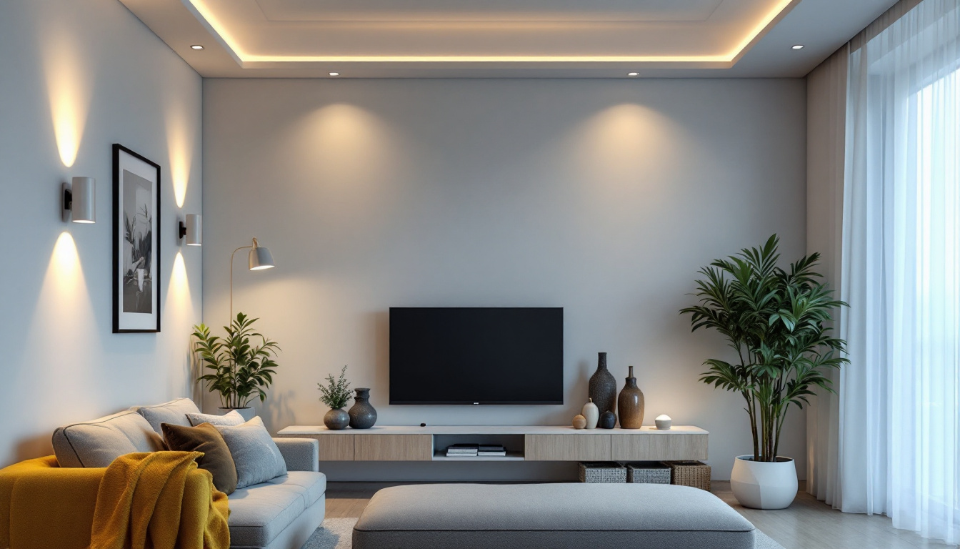A photograph of a modern residential or commercial space showcasing various lighting fixtures at different brightness levels