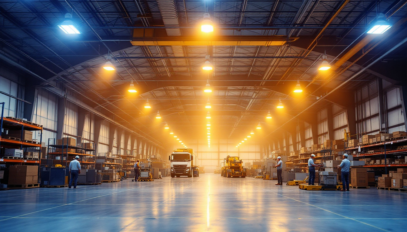 A photograph of a well-lit industrial or commercial space showcasing led low bay lights in action