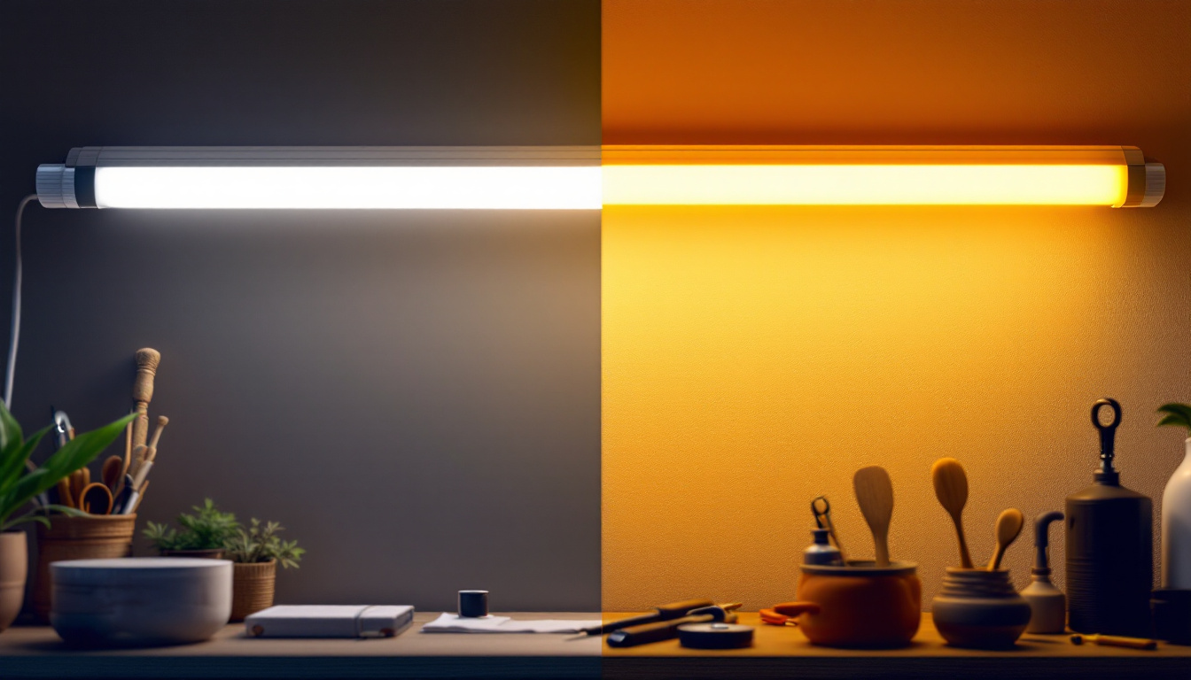 A photograph of a side-by-side comparison of a fluorescent tube and an led replacement tube installed in a well-lit setting