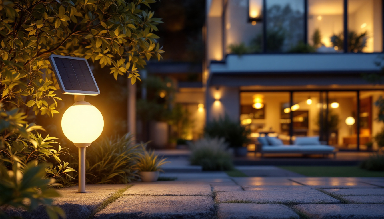 A photograph of a solar bulb illuminating a cozy residential outdoor setting at dusk