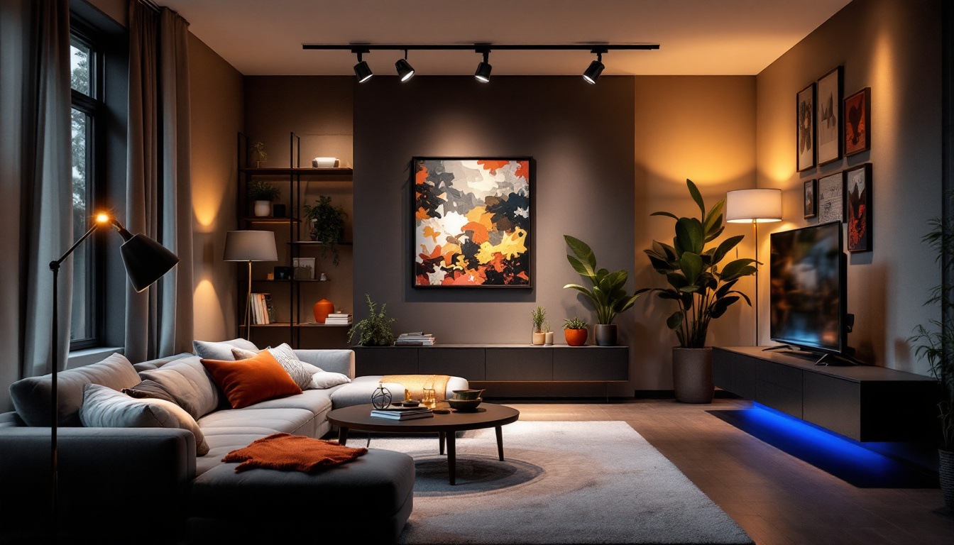 A photograph of a stylishly designed room featuring a modern track lighting kit in action