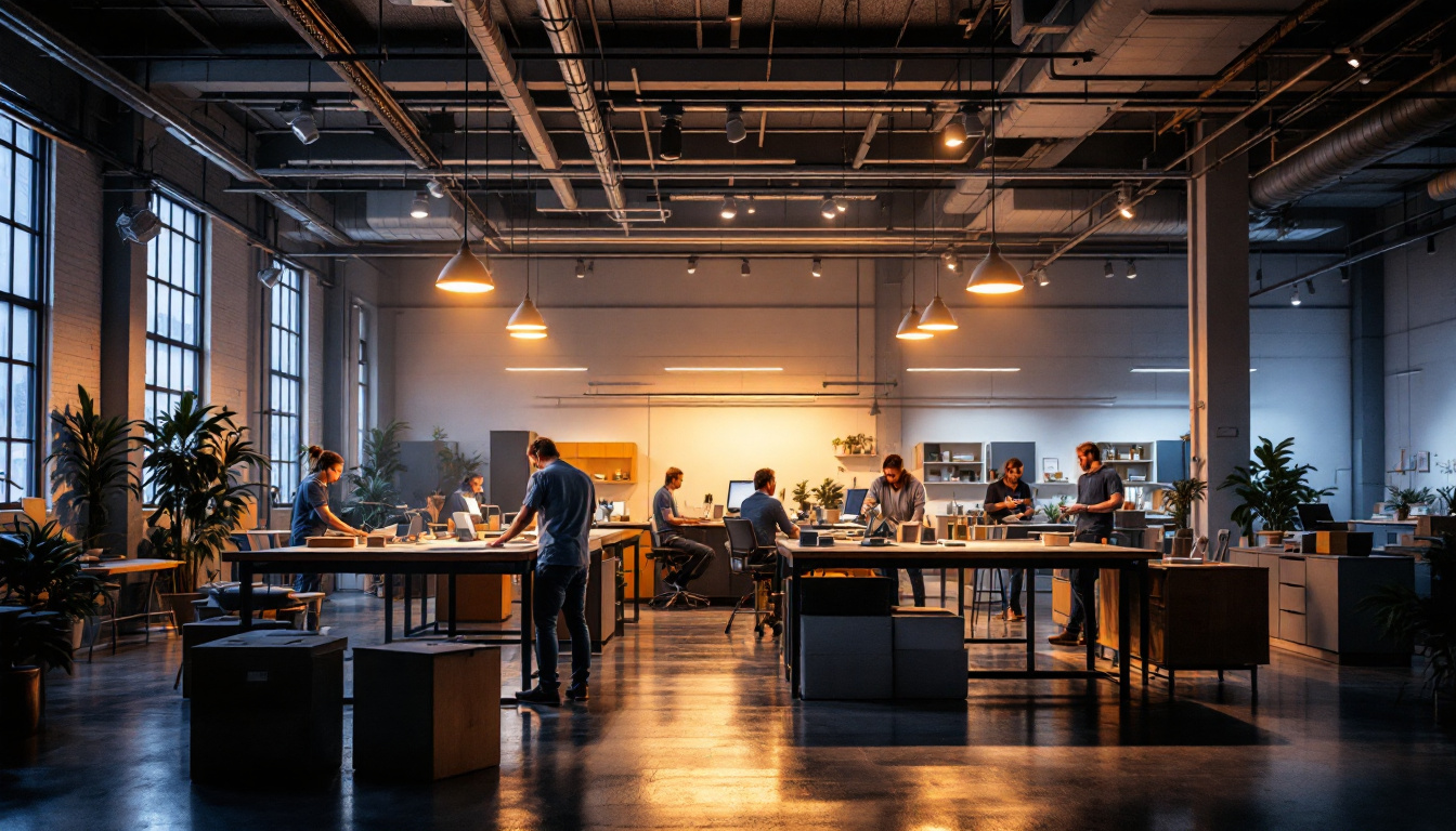 A photograph of a modern industrial or commercial space illuminated by innovative track lighting