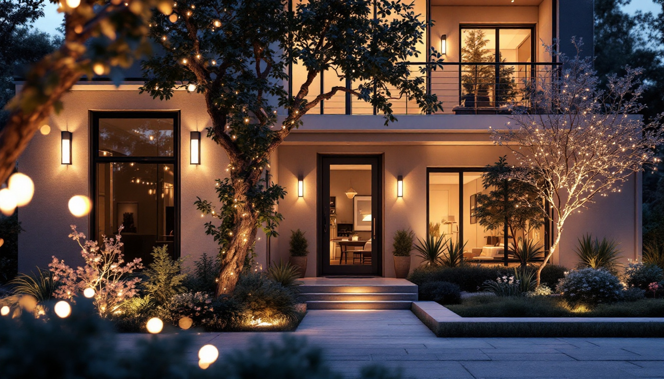 A photograph of a beautifully illuminated exterior scene showcasing dusk to dawn lights in action
