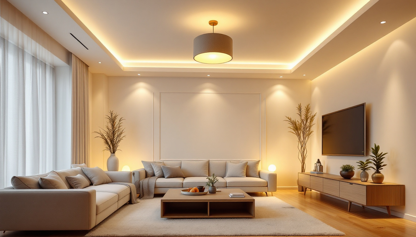 A photograph of a beautifully designed living room featuring stylish ceiling lights that enhance the ambiance
