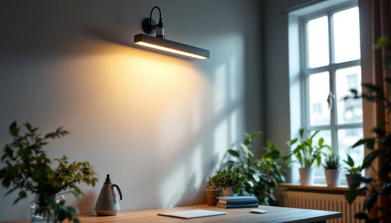 A photograph of a well-lit workspace featuring a 4 ft fluorescent light fixture illuminating the area