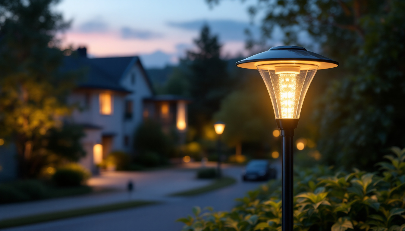 A photograph of capture a photograph of a beautifully illuminated solar pole lamp in a picturesque residential or commercial setting