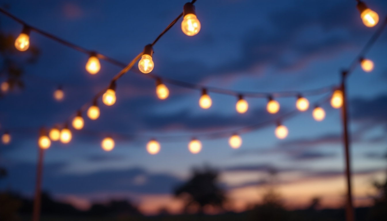 A photograph of a beautifully arranged outdoor setting illuminated by temporary string lights