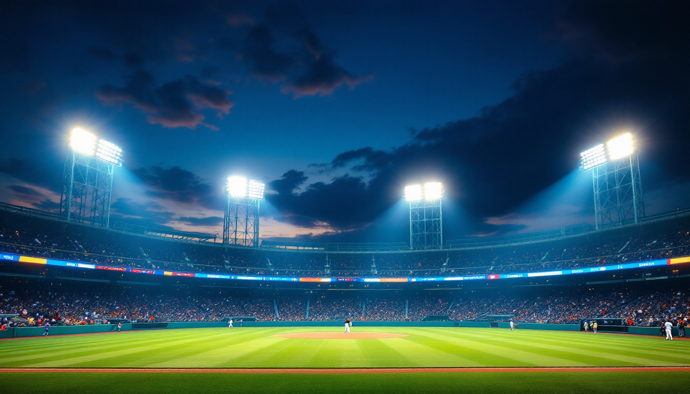 A photograph of a vibrant baseball field illuminated by bright
