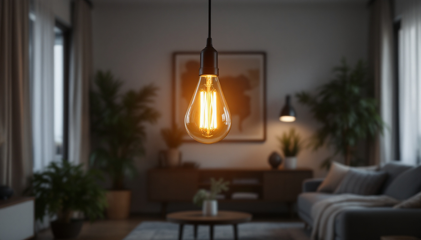 A photograph of a stylishly designed modern living space featuring a prominent type t lamp bulb